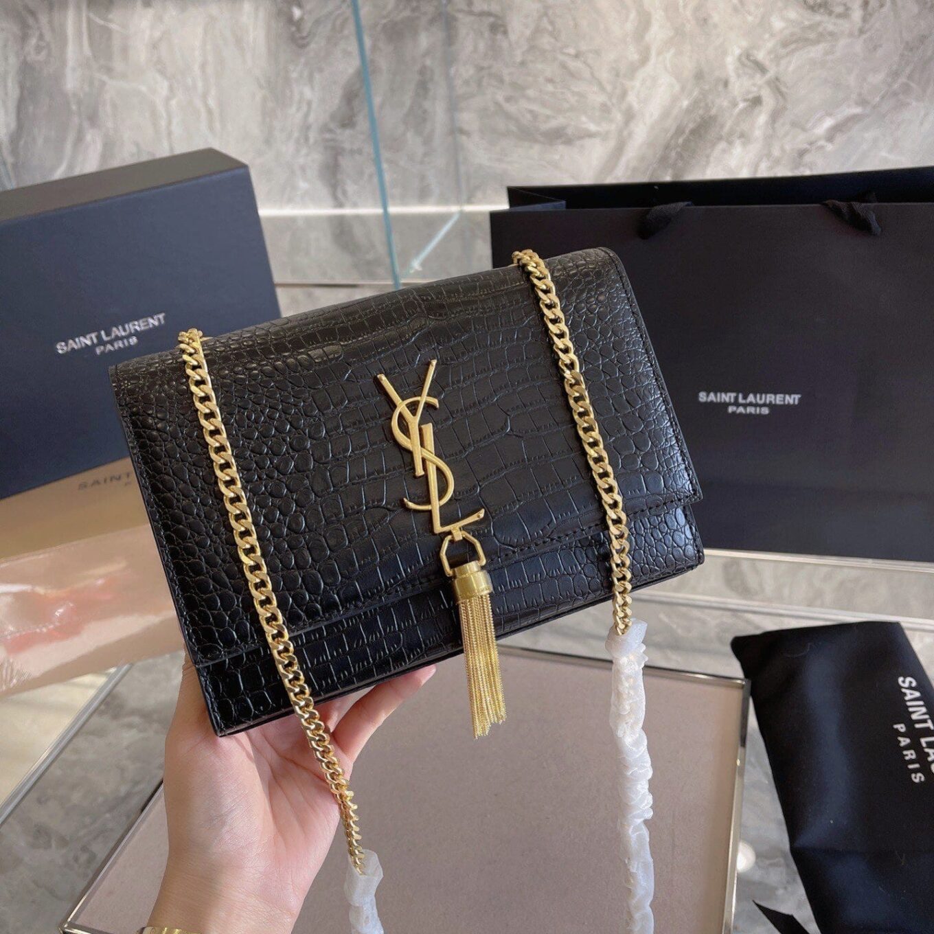 WhatsApp Image 2022-09-05 at 5.38.59 PM YSL Kate Black Croco Sling Bag (with Box)