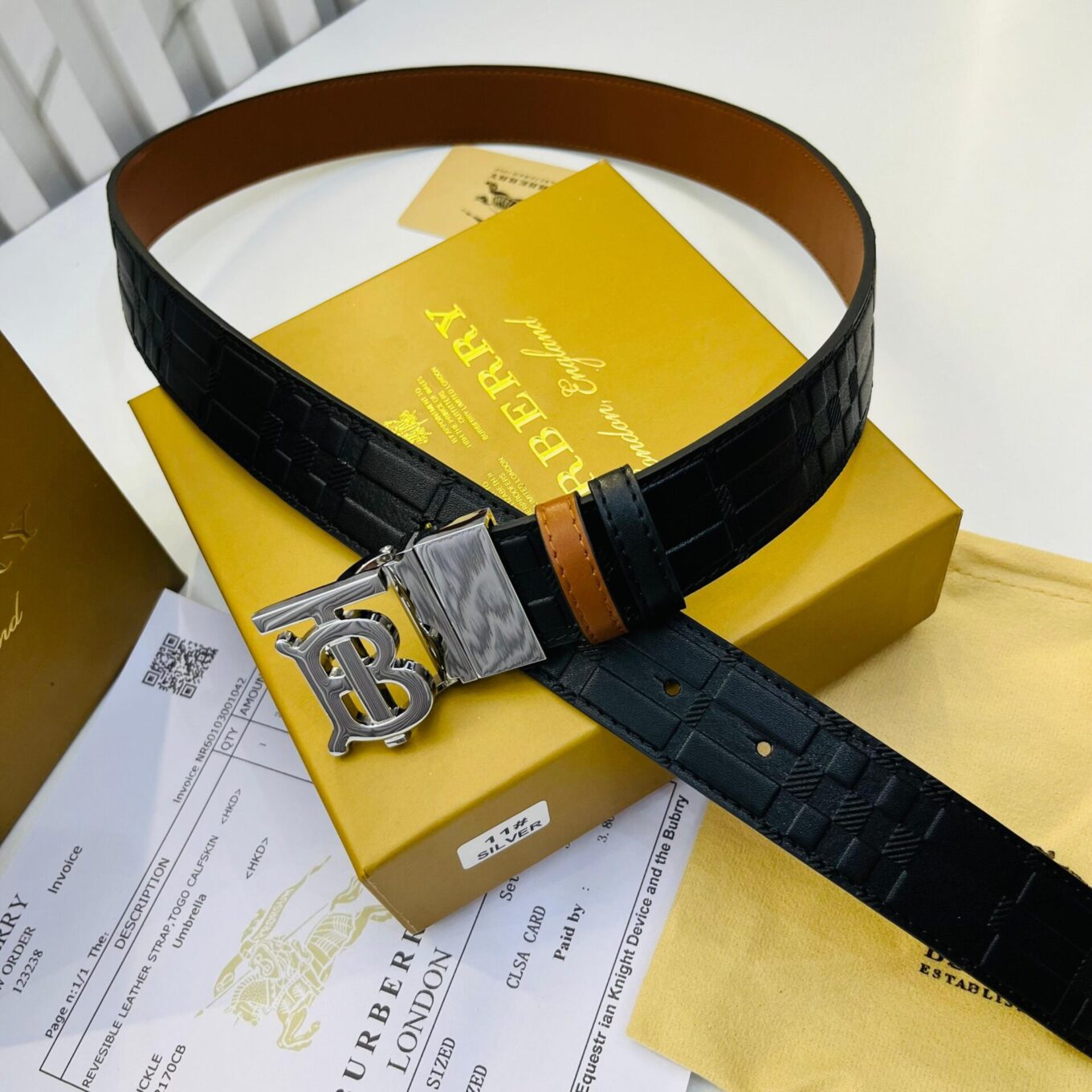 WhatsApp Image 2024-06-03 at 7.01.58 PM Burberry TB Embossed Grid Silver Reversible Belt for Men