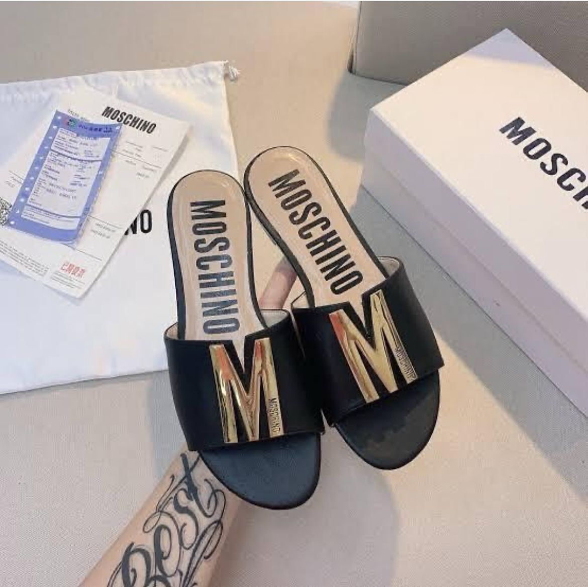 WhatsApp Image 2025-02-18 at 5.48.20 PM (1) Moschino Black Slip On Flat For Women