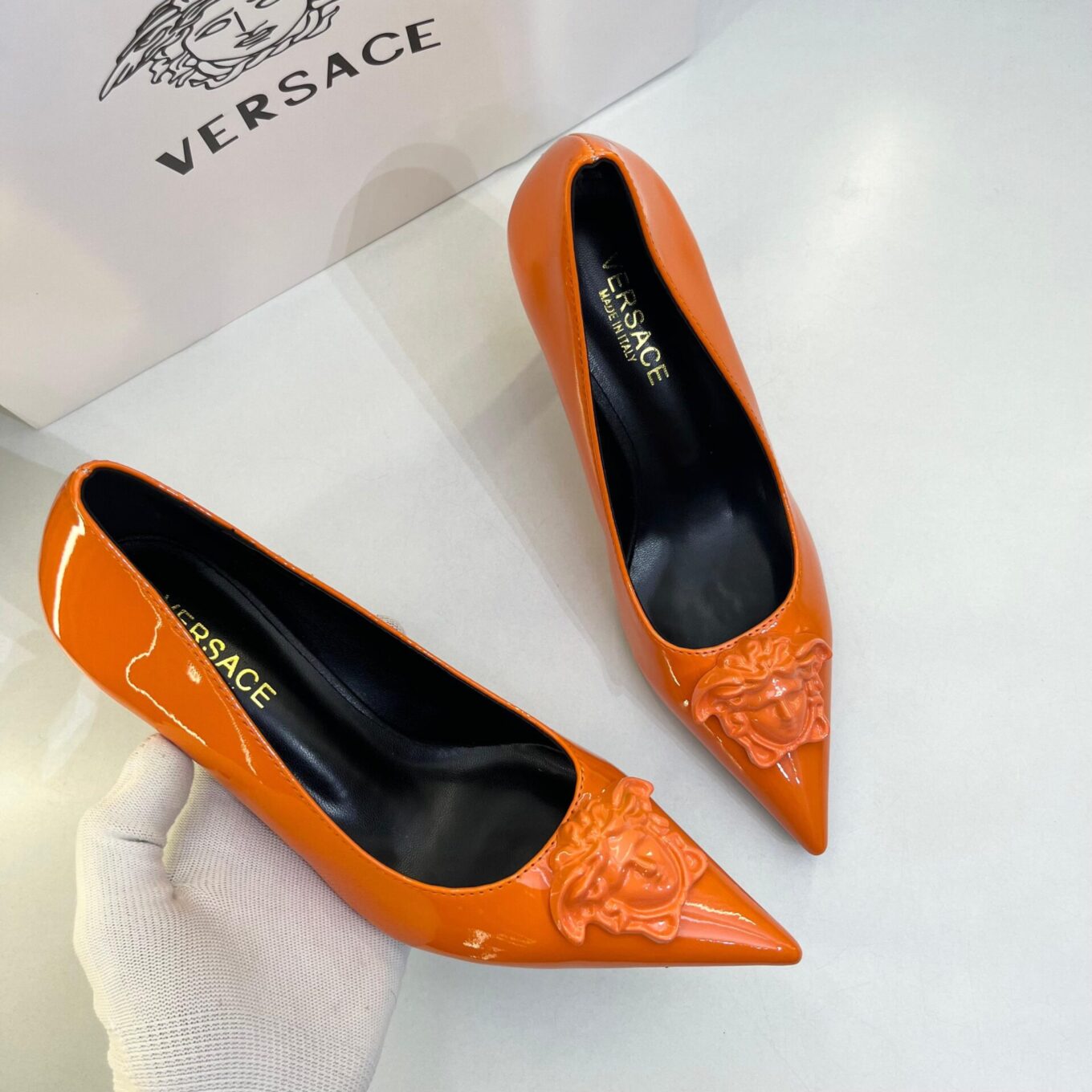 WhatsApp Image 2025-08-05 at 1.24.48 PM (1) Versace La Medusa Orange Pump