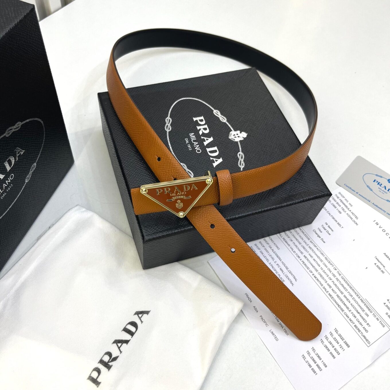 WhatsApp Image 2025-08-22 at 7.01.09 PM Prada Milano Brown Gold Triangle Buckle Belt
