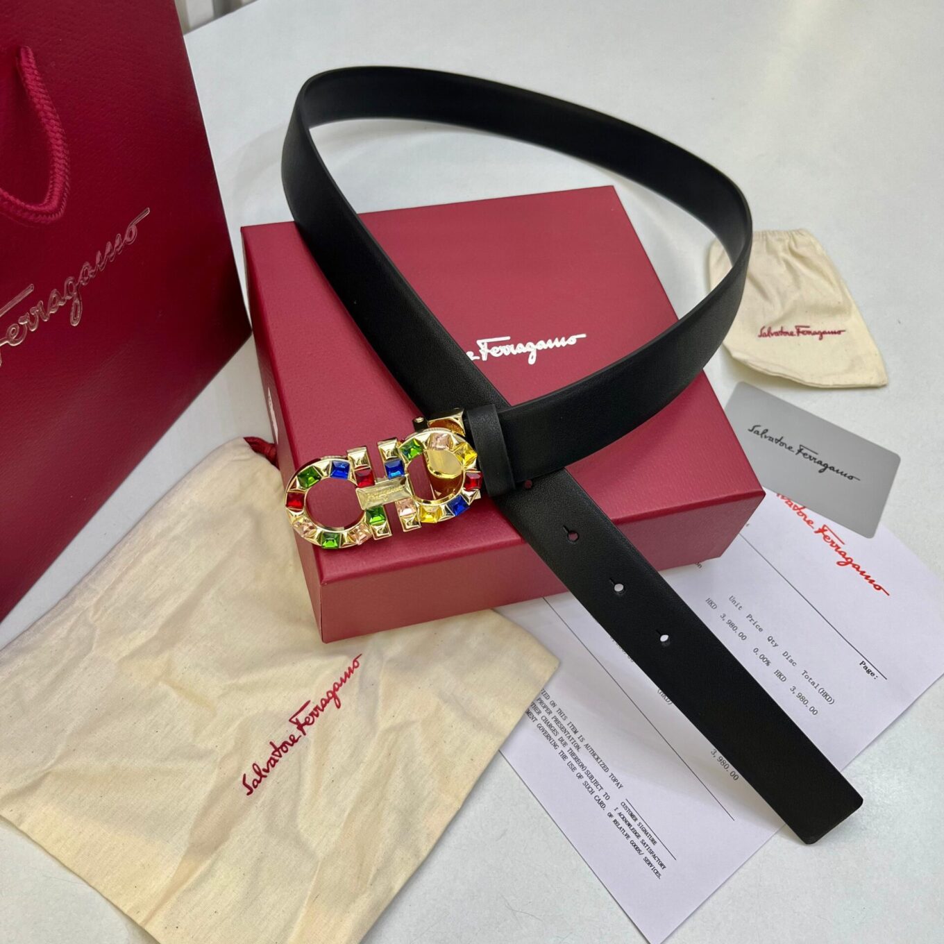 WhatsApp Image 2025-08-23 at 12.46.37 AM Salvatore Ferragamo Gold Gancini Buckle and Multicolor Crystals Black Belt