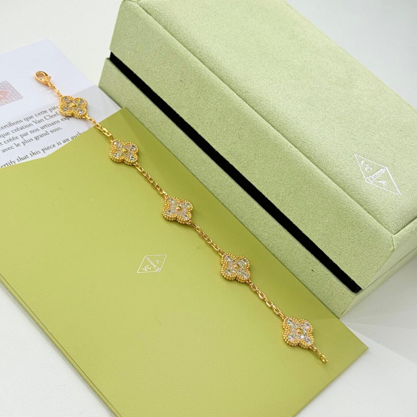WhatsApp Image 2025-09-05 at 3.47.27 PM Van Cleef Alhambra White Stone Clover Rose Gold Color Bracelet