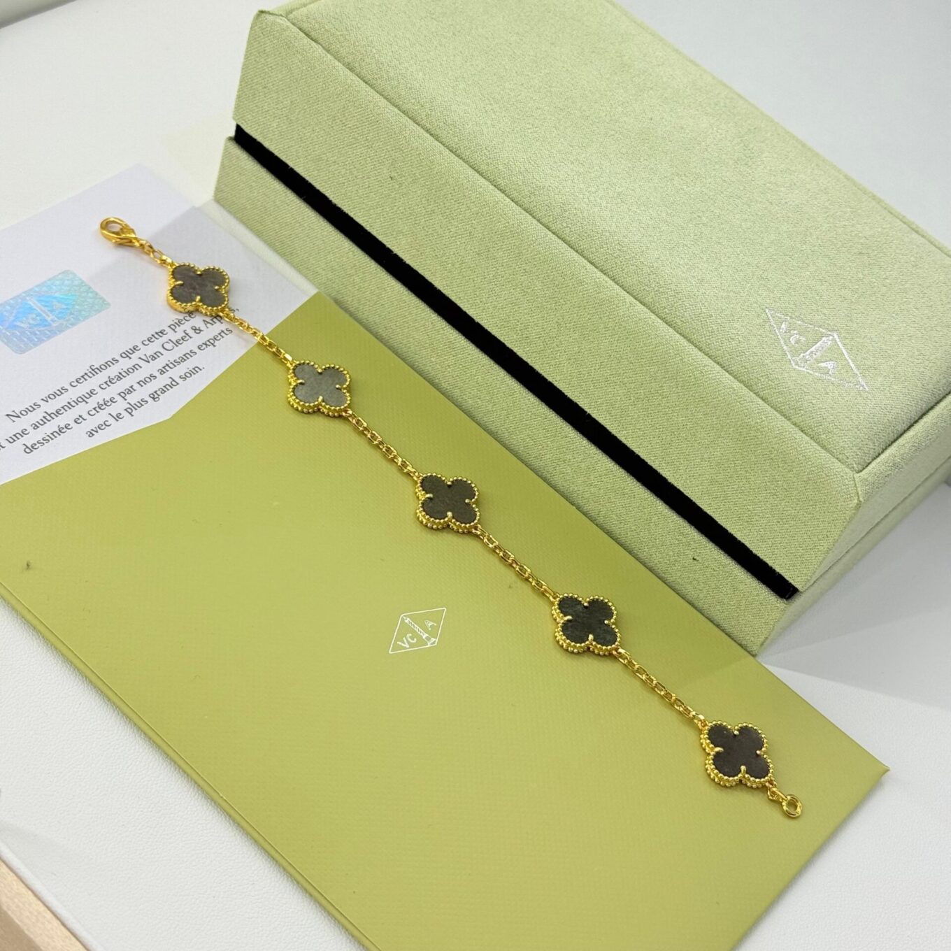 WhatsApp Image 2025-09-05 at 6.09.58 PM Van Cleef Alhambra Gray Marble Clover Gold Color Bracelet