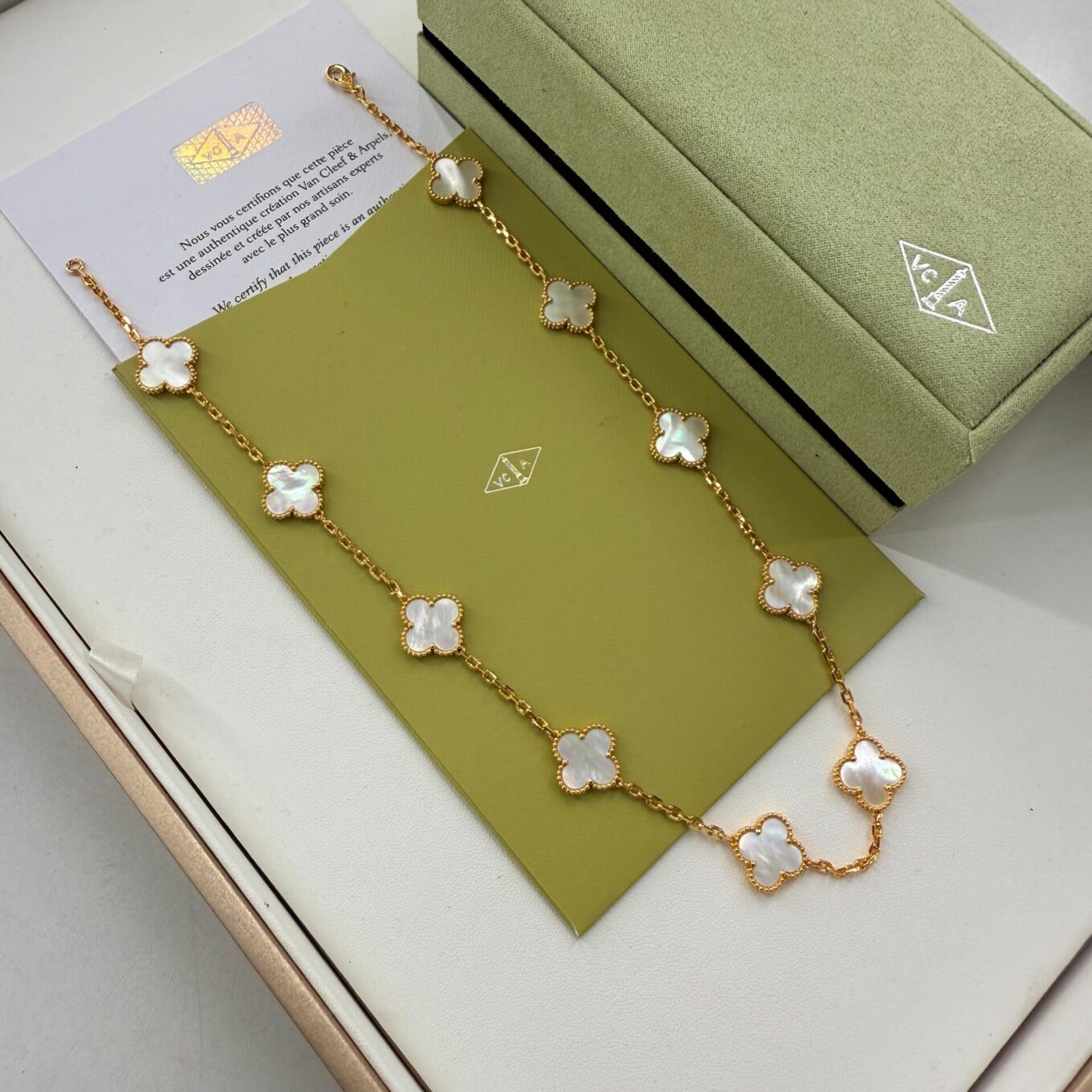 WhatsApp Image 2025-09-05 at 7.24.14 PM Van Cleef Alhambra White Marble Clover Rose Gold Color Necklace