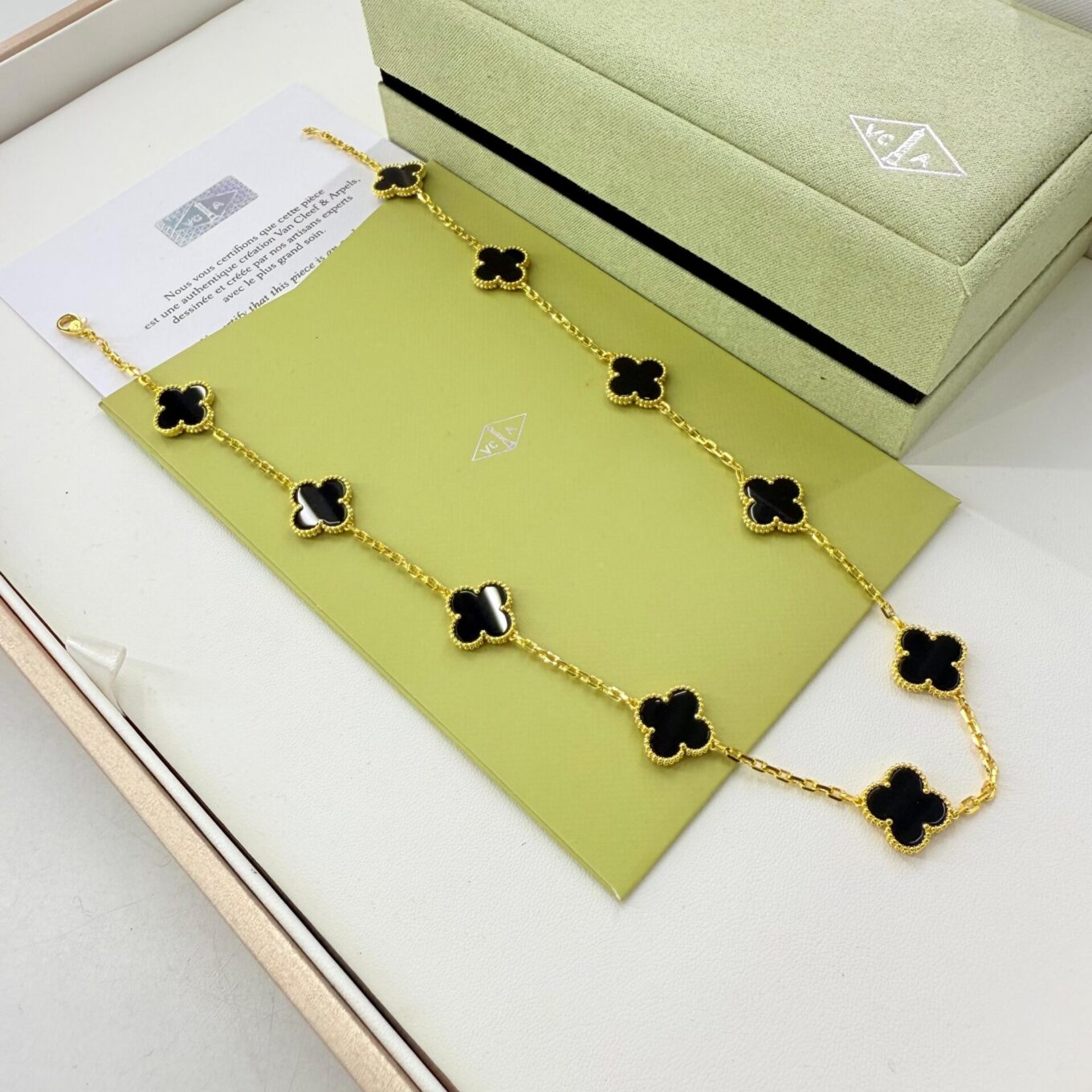 WhatsApp Image 2025-09-05 at 7.28.44 PM Van Cleef Alhambra Black Marble Clover Gold Color Necklace