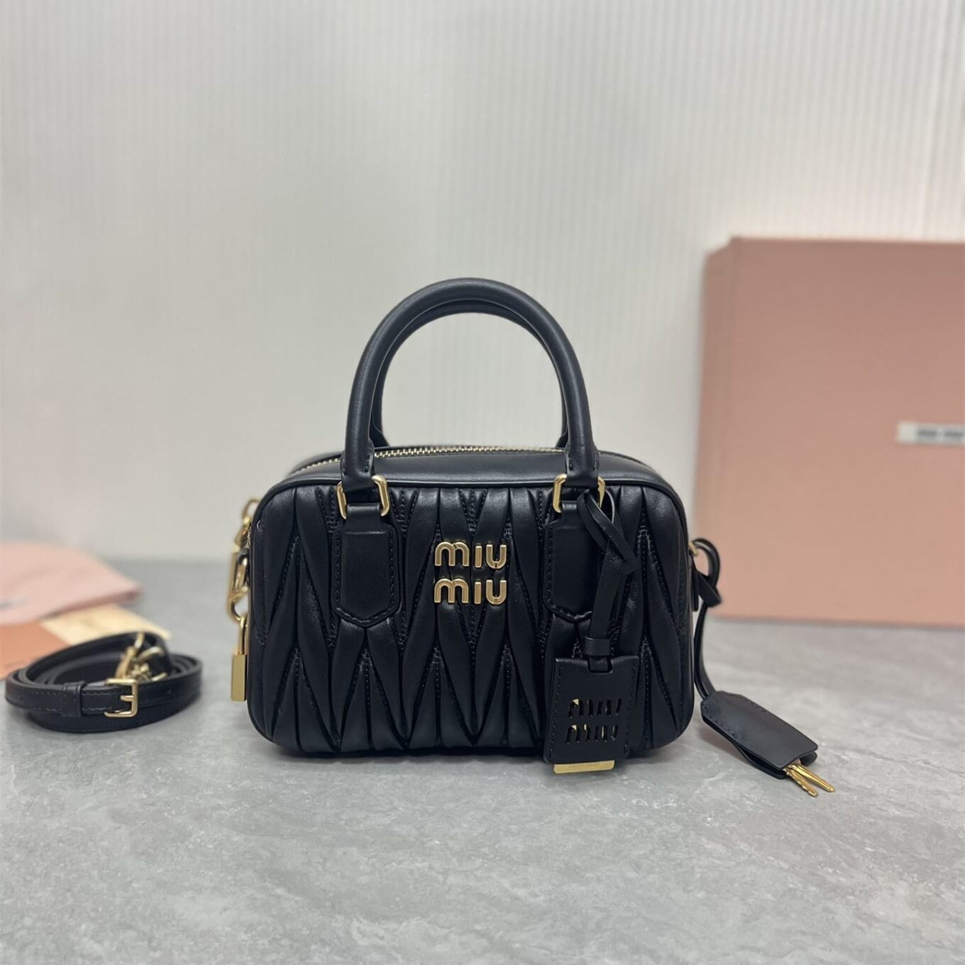 WhatsApp Image 2025-09-20 at 9.30.45 PM (2) Miu Miu Arcadie Matlasse Nappa Black Bowling Bag (With Box)