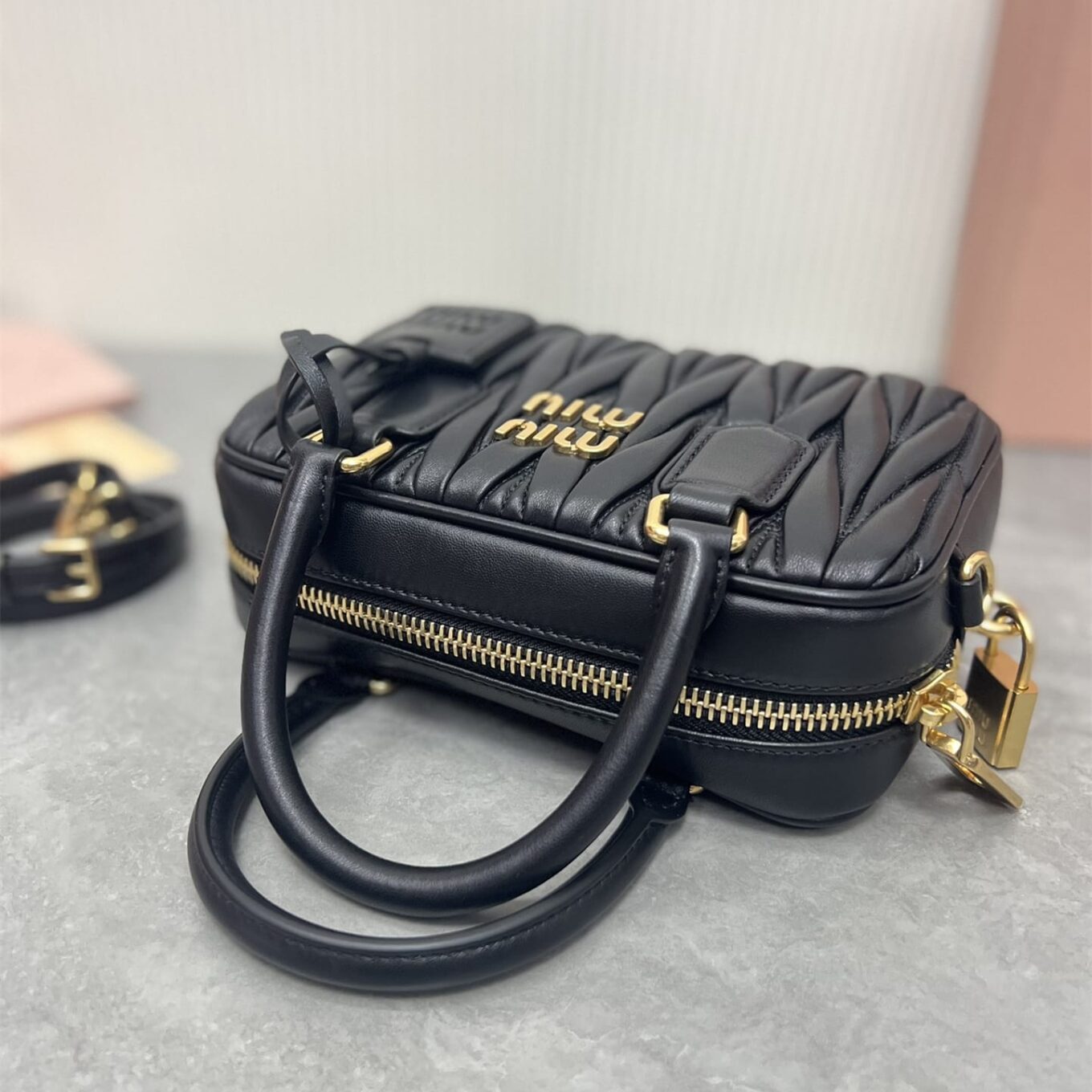 WhatsApp Image 2025-09-20 at 9.30.47 PM Miu Miu Arcadie Matlasse Nappa Black Bowling Bag (With Box)
