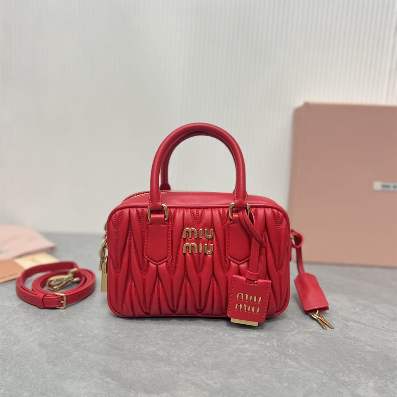 WhatsApp Image 2025-09-20 at 9.31.33 PM Miu Miu Arcadie Matlasse Nappa Red Bowling Bag (With Box)