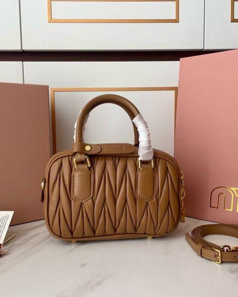 WhatsApp Image 2025-09-20 at 9.42.16 PM Miu Miu Arcadie Matlasse Nappa Brown Bowling Bag (With Box)