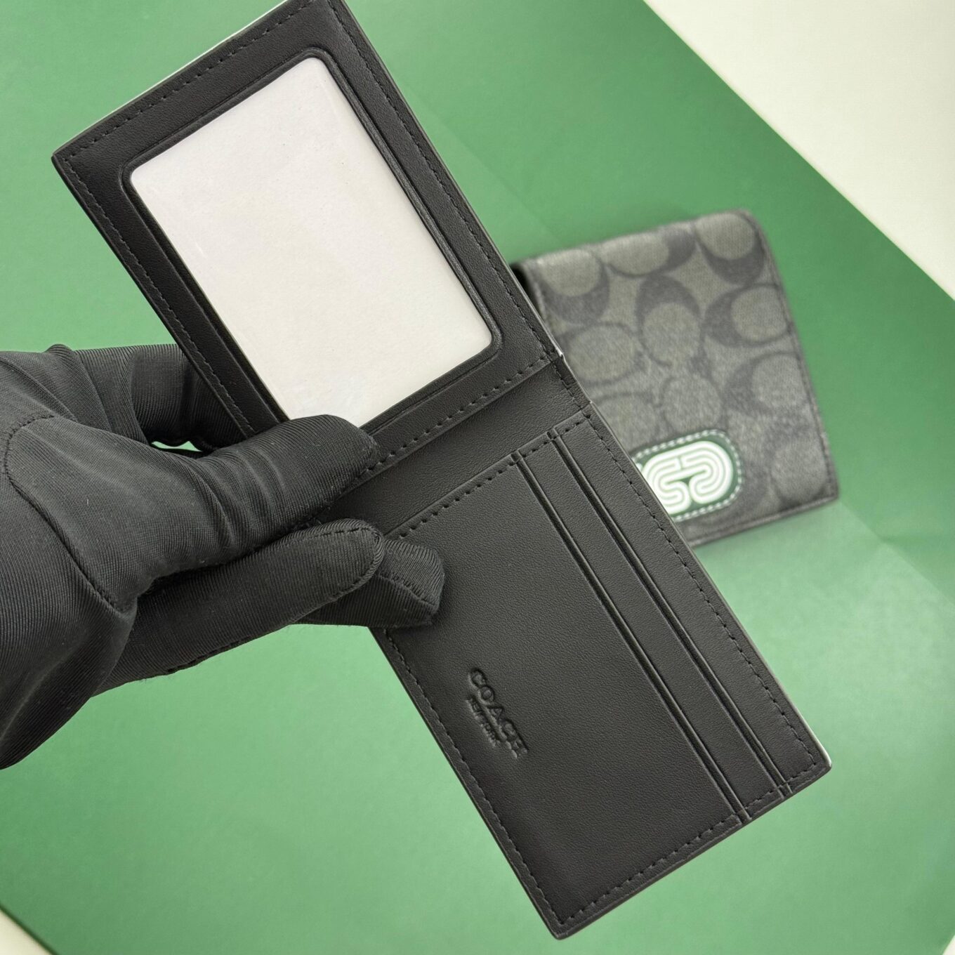 WhatsApp Image 2025-09-29 at 5.55.09 PM (1) Coach Black Canvas Green Patch Men’s Wallet With Card Holder