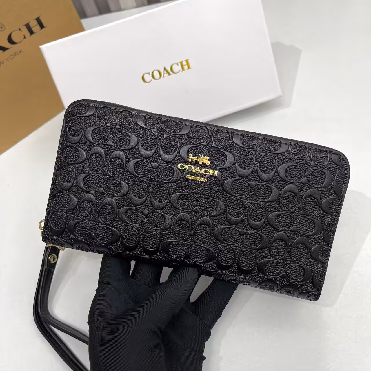 WhatsApp Image 2025-12-02 at 7.25.53 PM (1) Coach Black Embossed Long Zipper Wallet