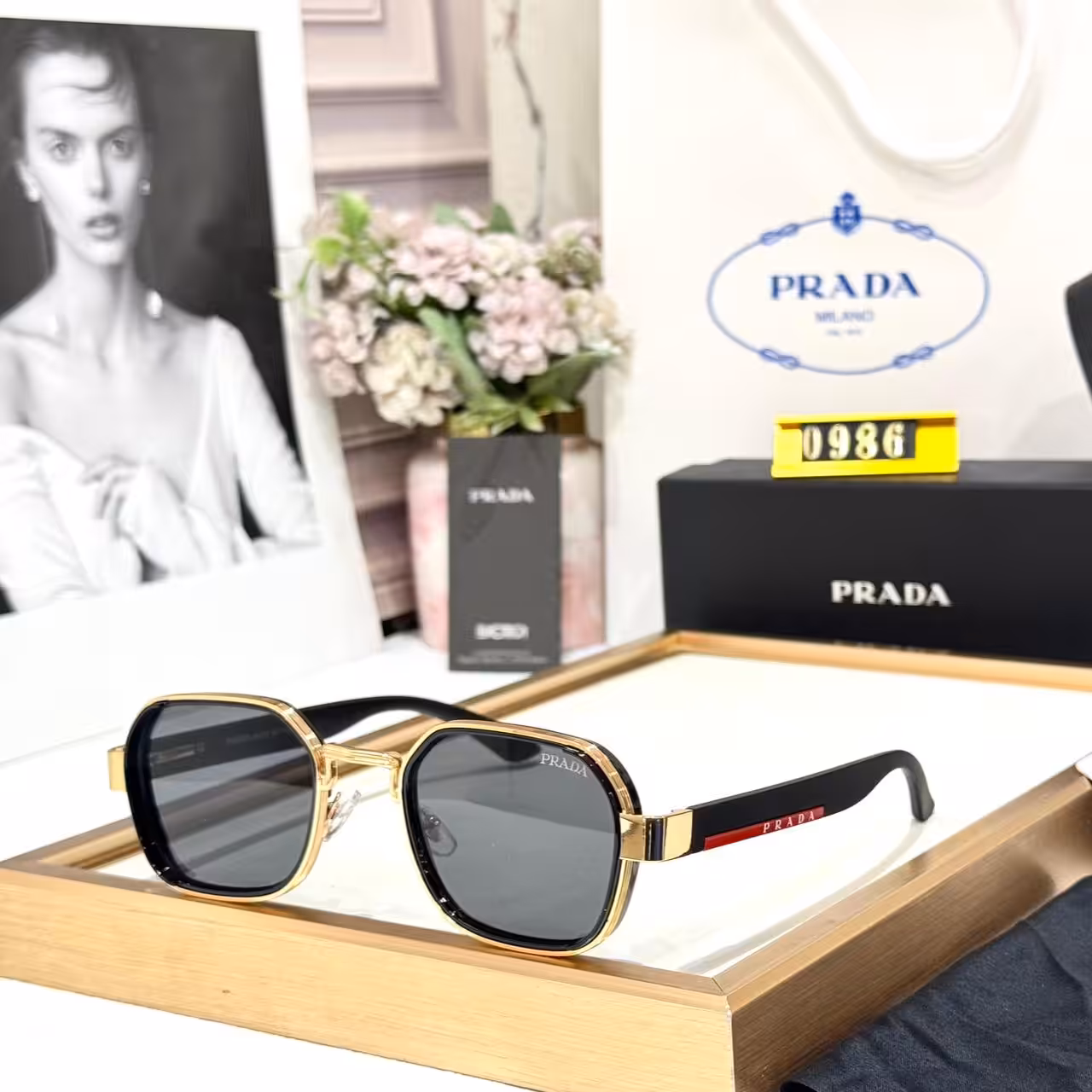 WhatsApp Image 2026-01-08 at 6.40.06 PM (1) Prada Black & Gold Square Unisex Sunglasses